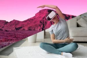 A girl wearing virtual reality goggles is exercising